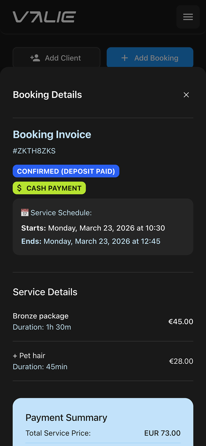 Valie booking screen
