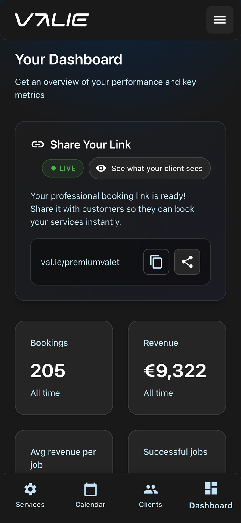 Valie dashboard screen